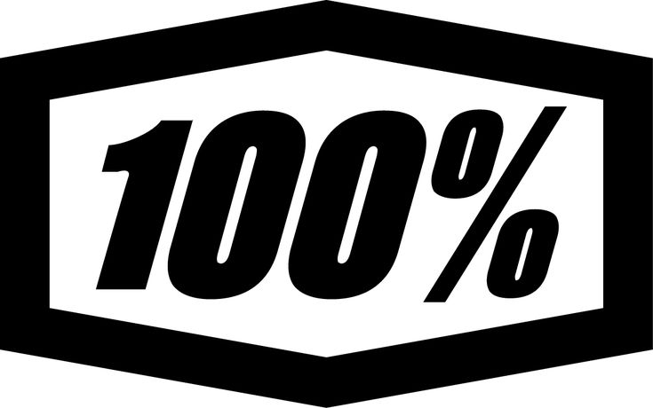 Black and white logo of '100%' on a black background
