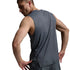 A man wearing a dark gray sleeveless athletic tank top and matching gray shorts, shown from a three-quarters back view against a light gray studio background.