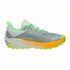 Gray and orange running shoe with green accents on a white background