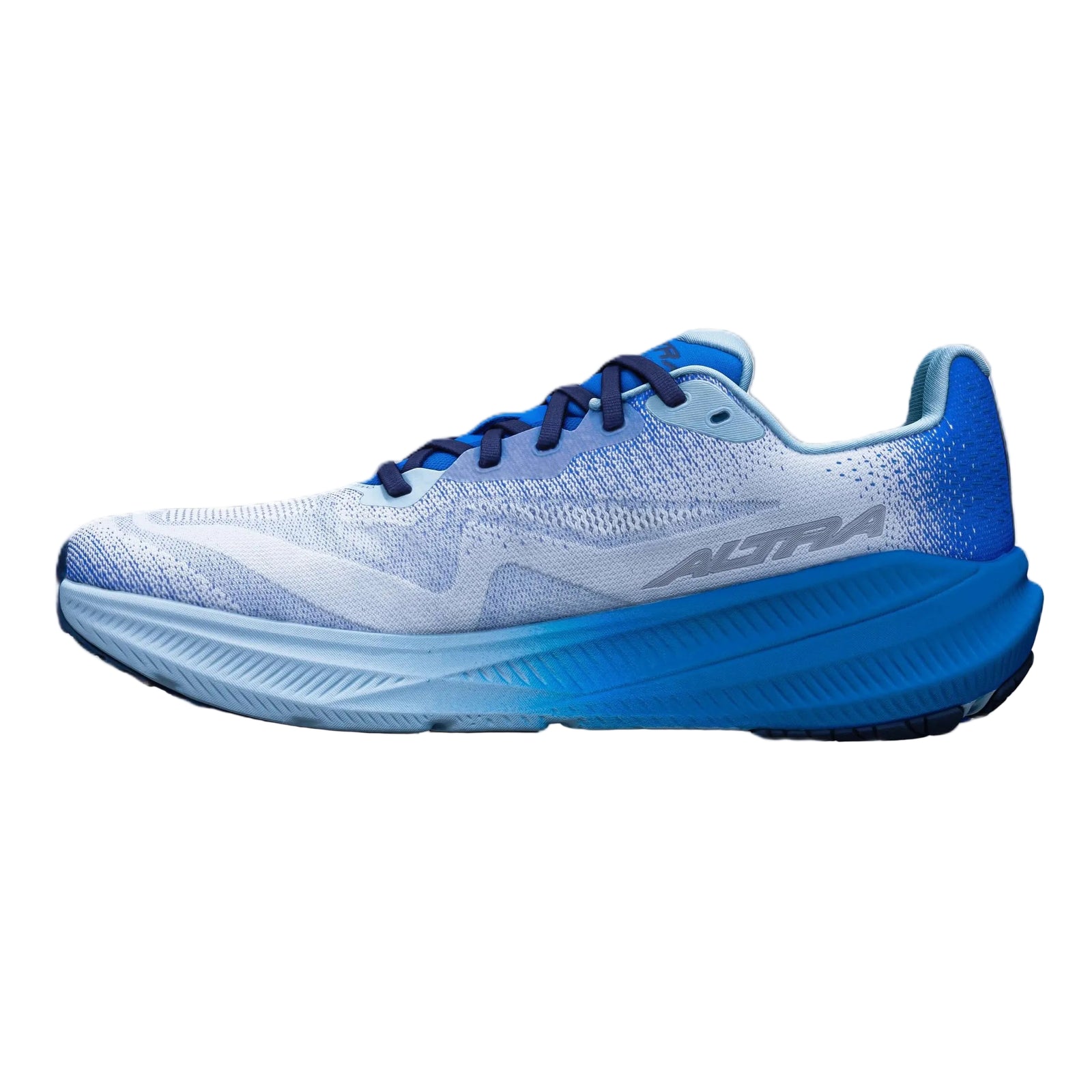 Blue and white running shoe with 'Altra' branding on a white background