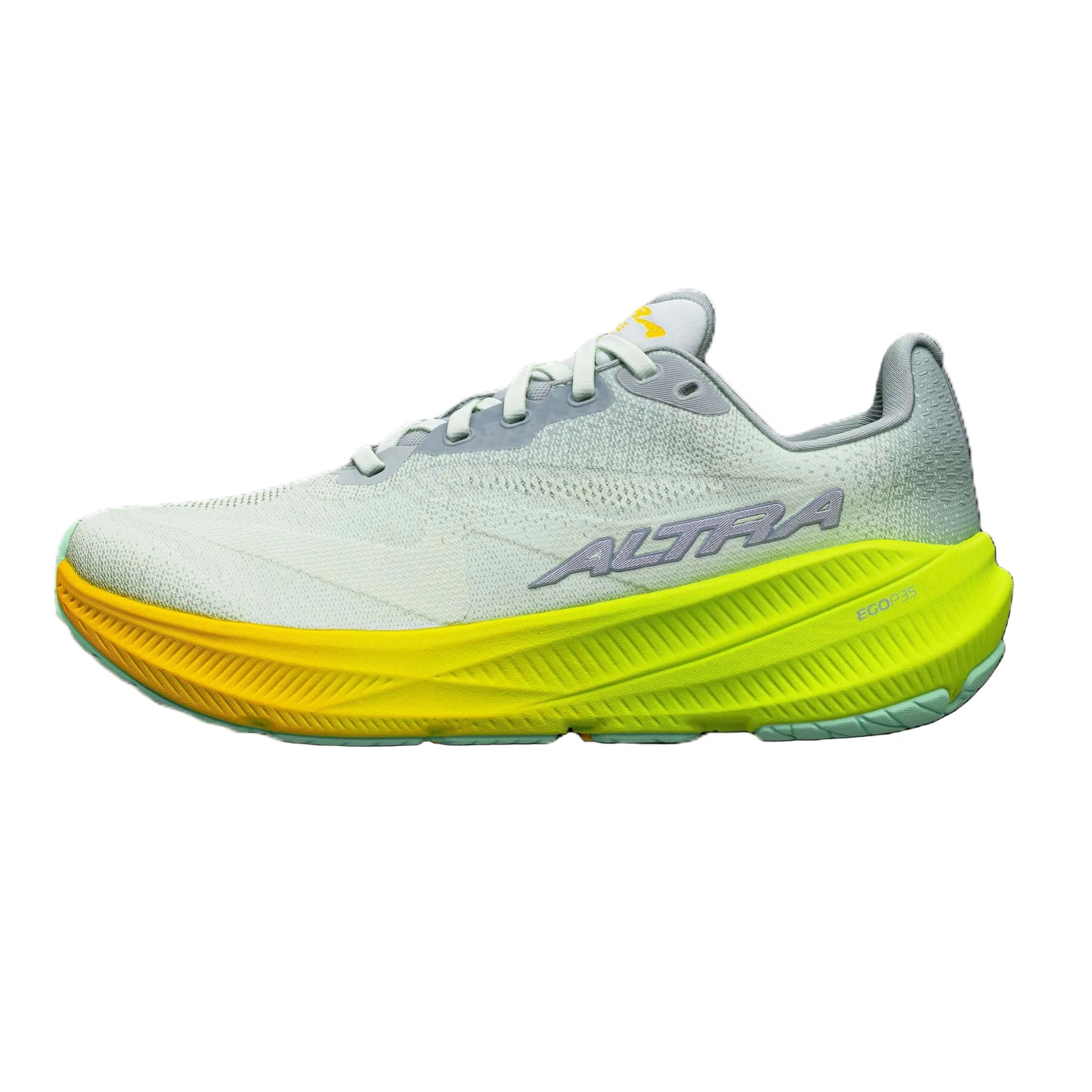 White running shoe with yellow sole on a white background