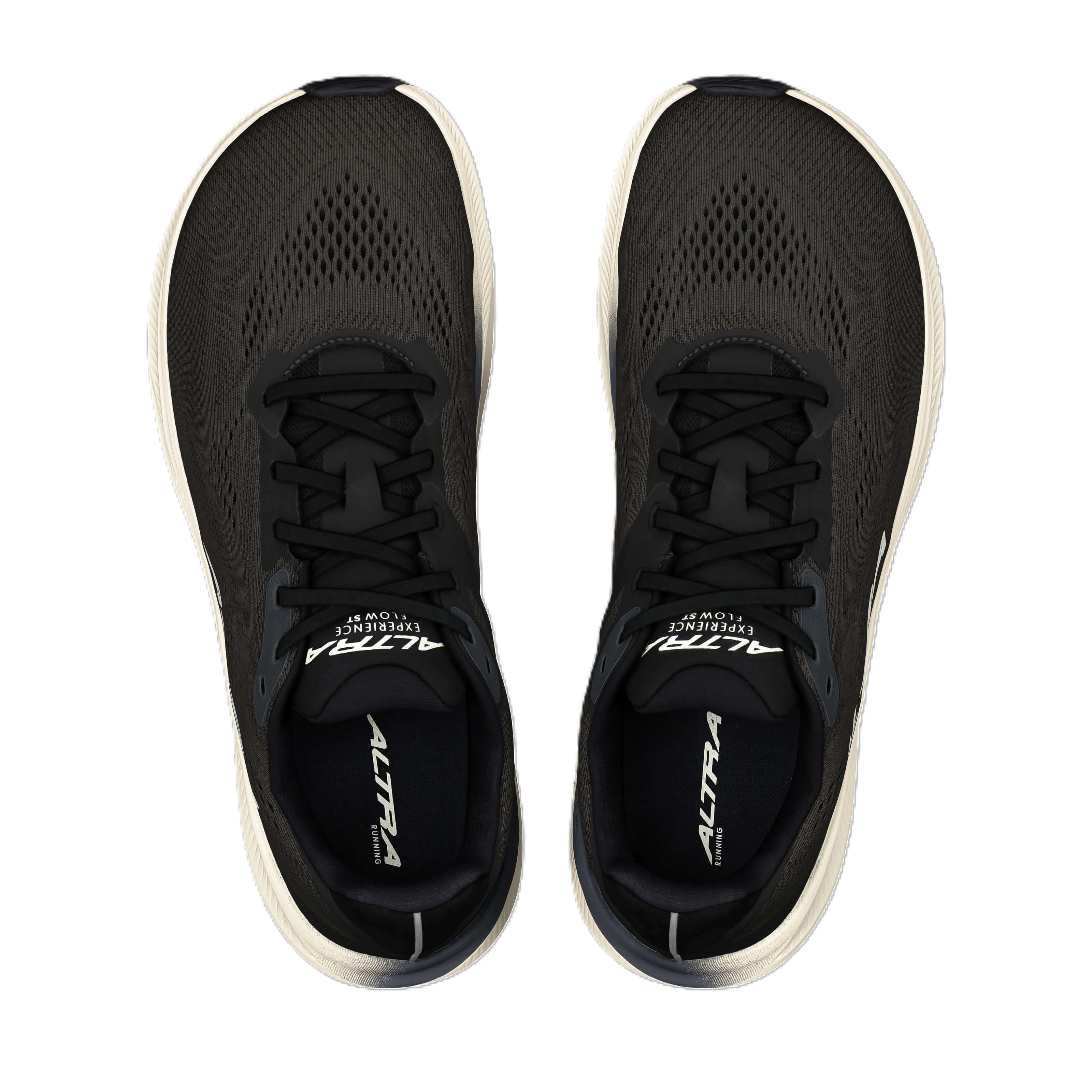 Black running shoes with white soles on a white background