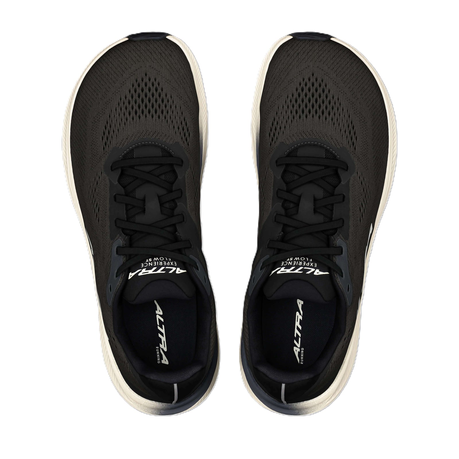 Black running shoes with white soles on a white background