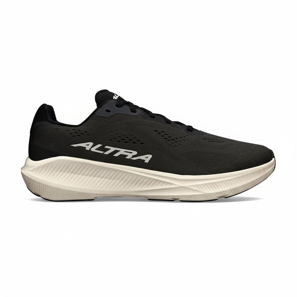 Black running shoe with 'Altra' branding on a white background