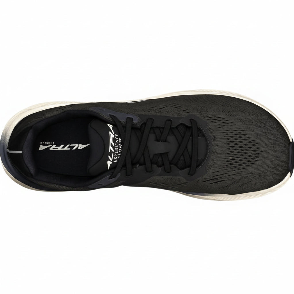 Black running shoe with 'Altra' branding on a white background