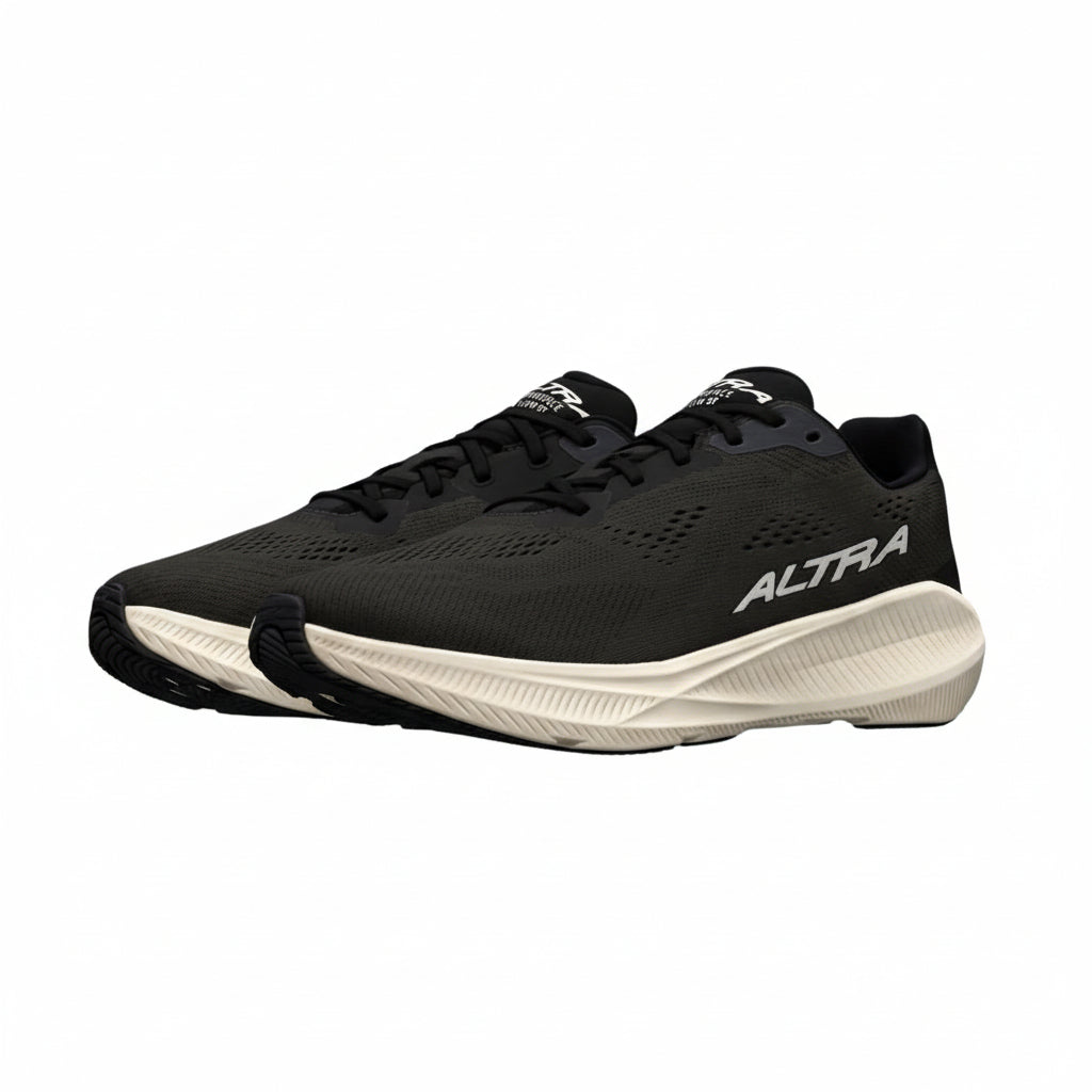 Black running shoes with beige soles and 'Altra' branding on a white background