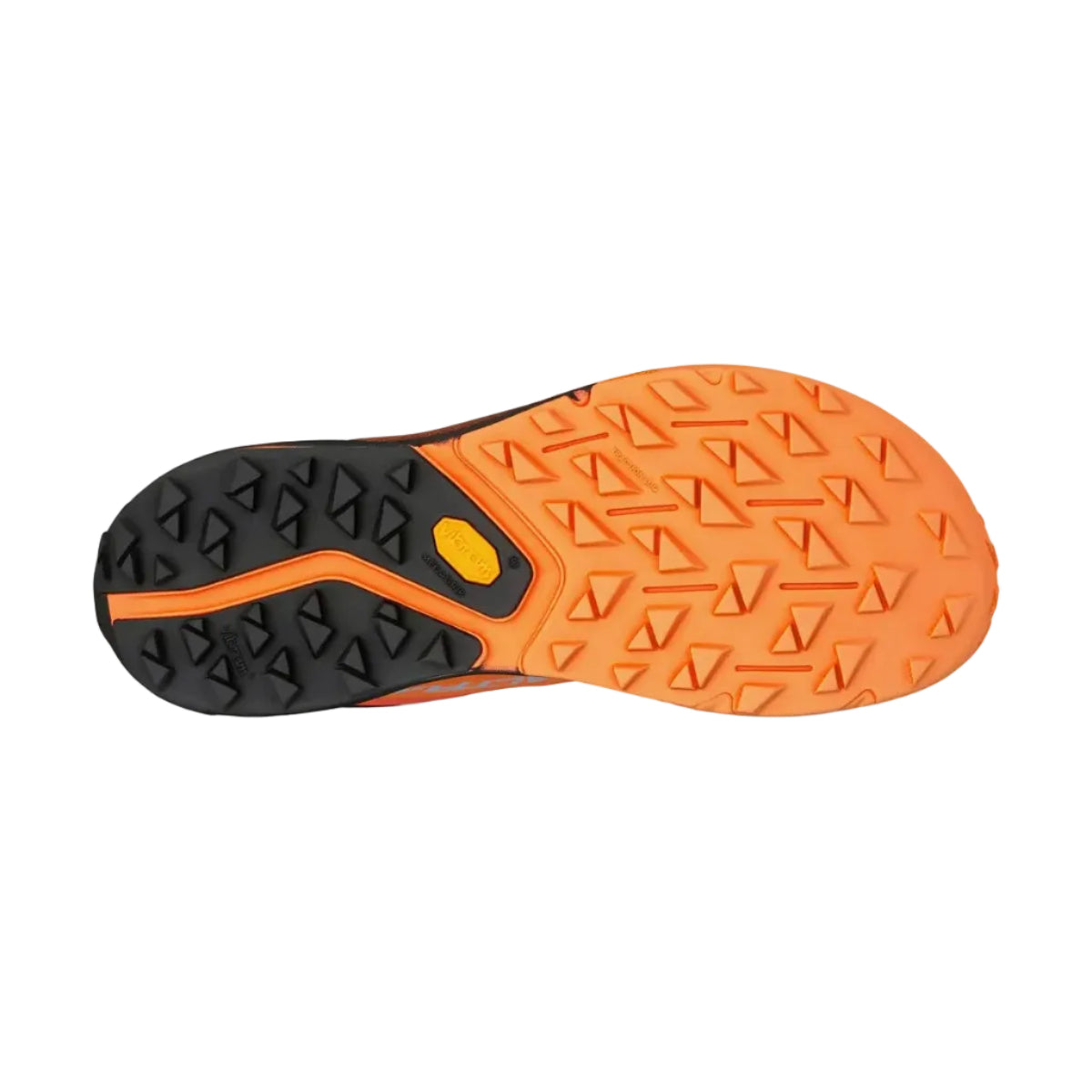 Close-up of a shoe sole with orange and black pattern on a white background
