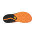 Close-up of a shoe sole with orange and black pattern on a white background