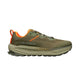 A single trail running shoe in olive green and beige with bright orange accents, shown in a side profile on a white background. The shoe features a breathable mesh upper, a thick cushioned midsole, and a rugged outsole.