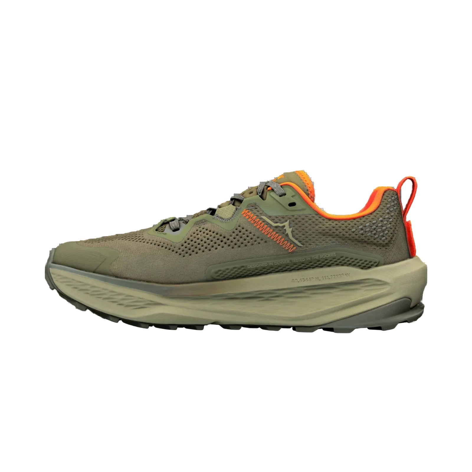 A single HOKA running shoe in olive green and beige with bright orange accents, shown in a side profile on a clean white background.