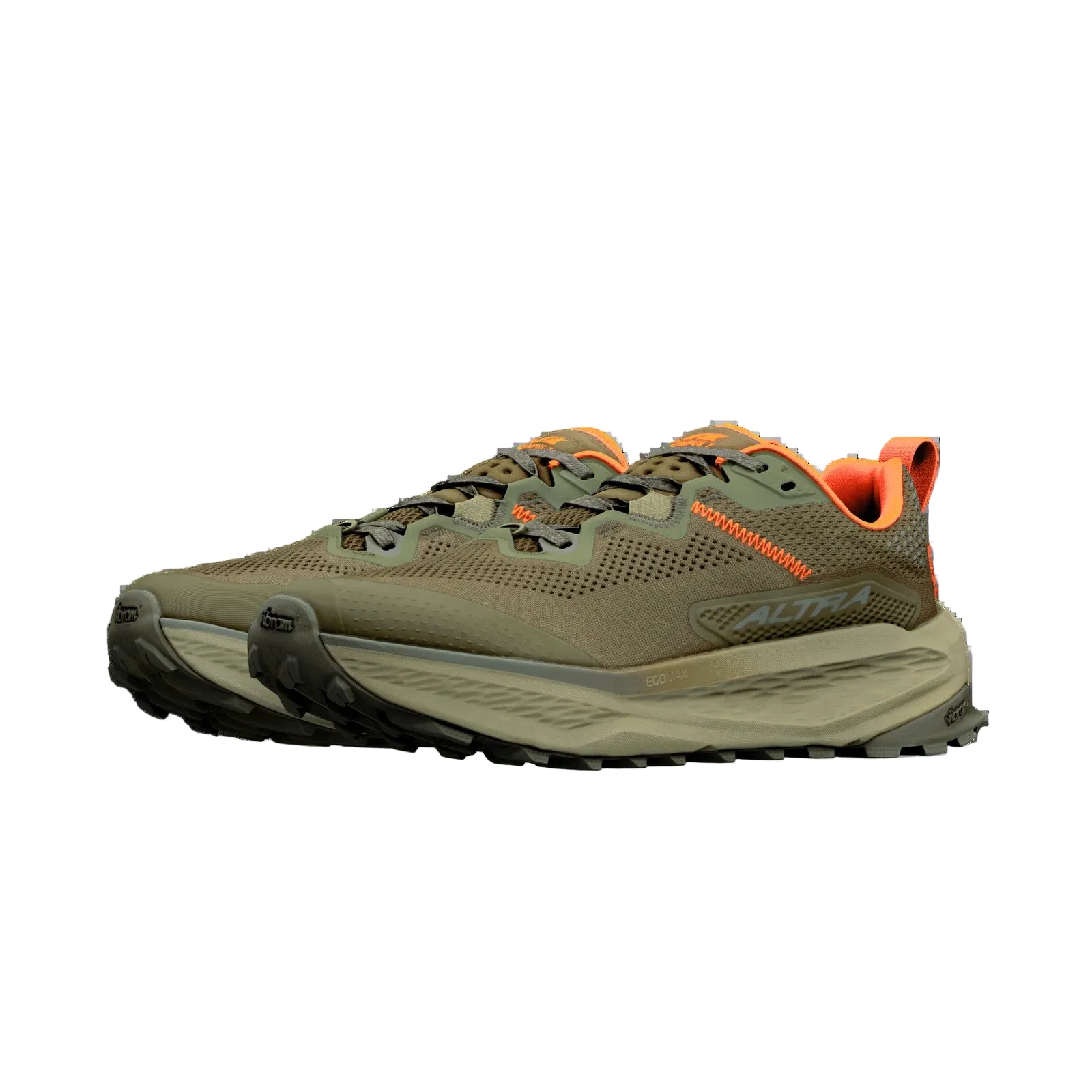 A pair of Altra trail running shoes in olive green and black with bright orange accents, shown from a side profile on a white background.