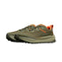 A pair of Altra trail running shoes in olive green and black with bright orange accents, shown from a side profile on a white background.