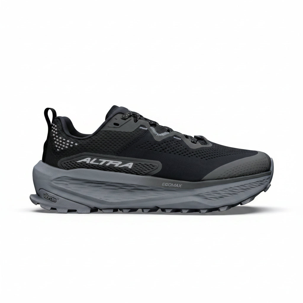 A black and gray trail running shoe shown from the side on a white background, featuring the brand name 'ALTRA' on the side panel.