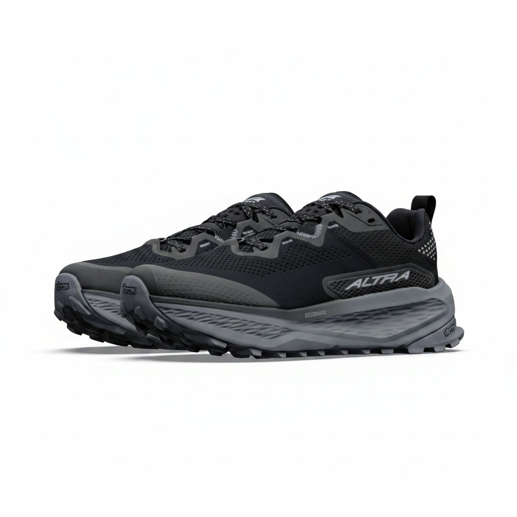 A pair of black and dark gray trail running shoes with a thick cushioned sole, shown from a side profile view on a white background.