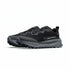 A pair of black and dark gray trail running shoes with a thick cushioned sole, shown from a side profile view on a white background.