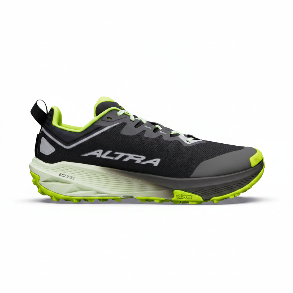 A black and gray trail running shoe with bright neon yellow-green accents, featuring the brand name 'ALTRA' on the side, shown against a plain white background.