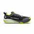 A black and gray trail running shoe with bright neon yellow-green accents, featuring the brand name 'ALTRA' on the side, shown against a plain white background.