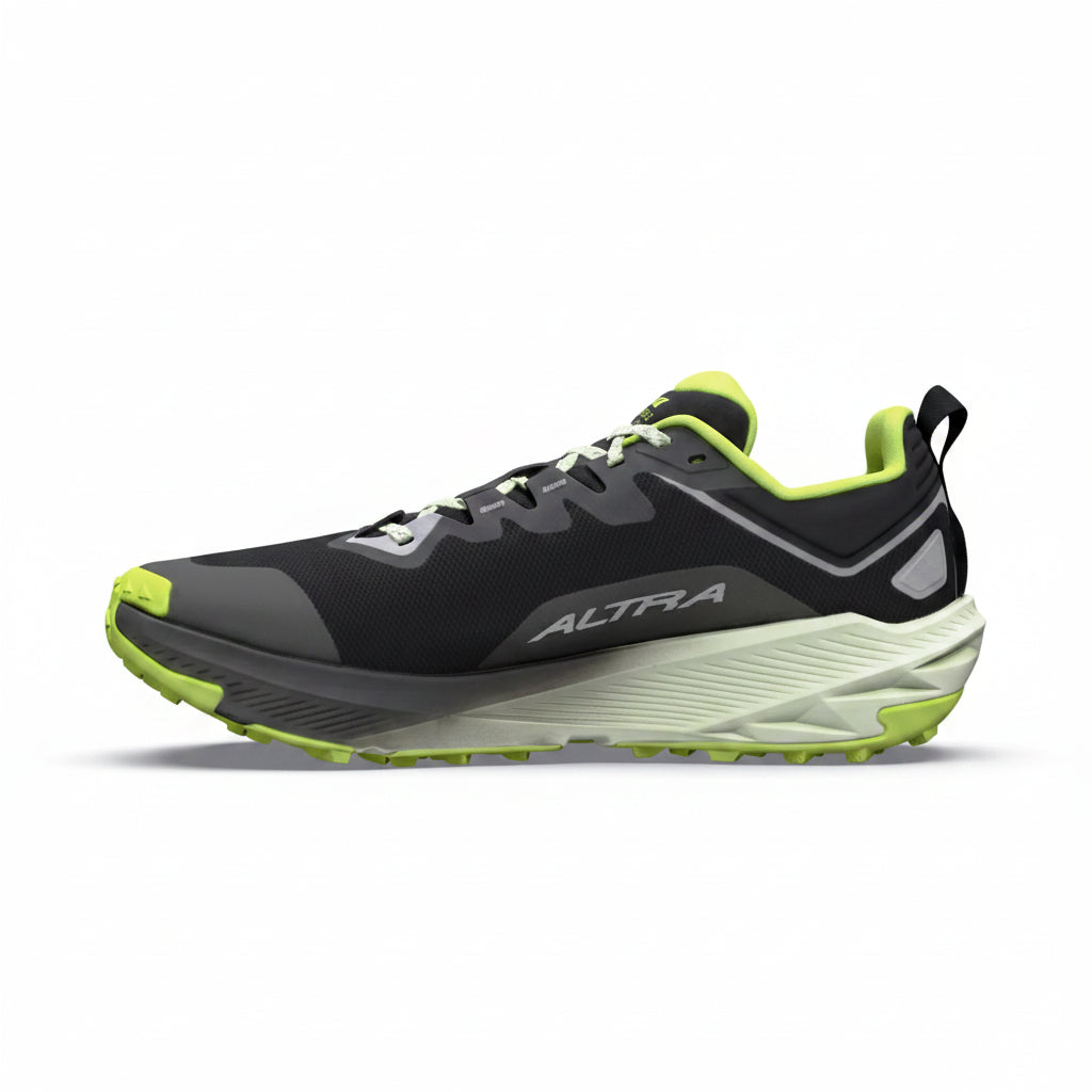 A single trail running shoe shown in profile against a plain white background. The shoe features a black and dark gray upper with bright neon yellow-green accents on the toe, heel, laces, and midsole, and the brand name 'ALTRA' is printed on the side.