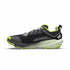 A single trail running shoe shown in profile against a plain white background. The shoe features a black and dark gray upper with bright neon yellow-green accents on the toe, heel, laces, and midsole, and the brand name 'ALTRA' is printed on the side.