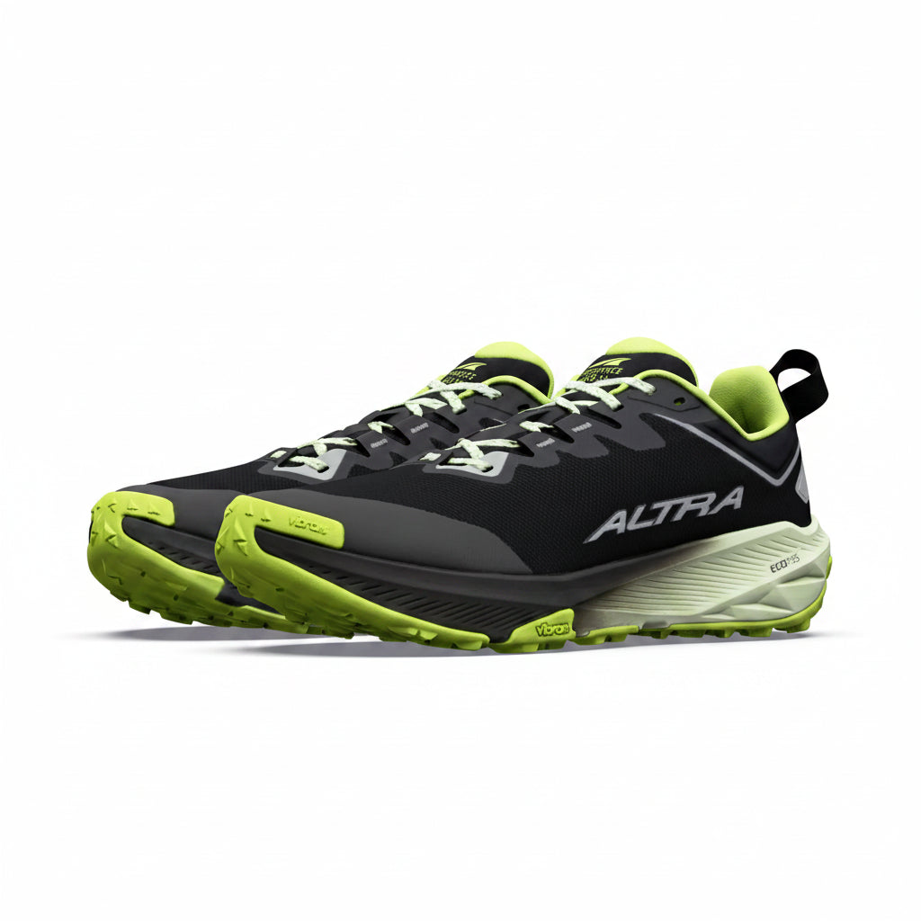 A pair of Altra trail running shoes in black and neon yellow-green, shown from a side profile view on a white background.