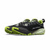 A pair of Altra trail running shoes in black and neon yellow-green, shown from a side profile view on a white background.