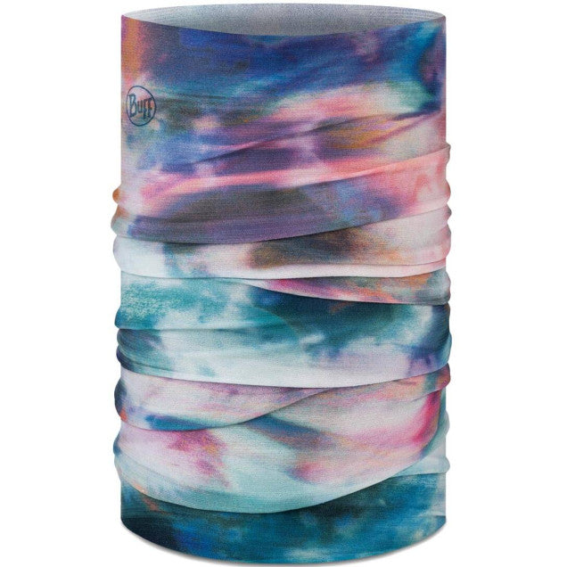 Colorful neck gaiter with a tie-dye pattern on a white background