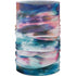 Colorful neck gaiter with a tie-dye pattern on a white background