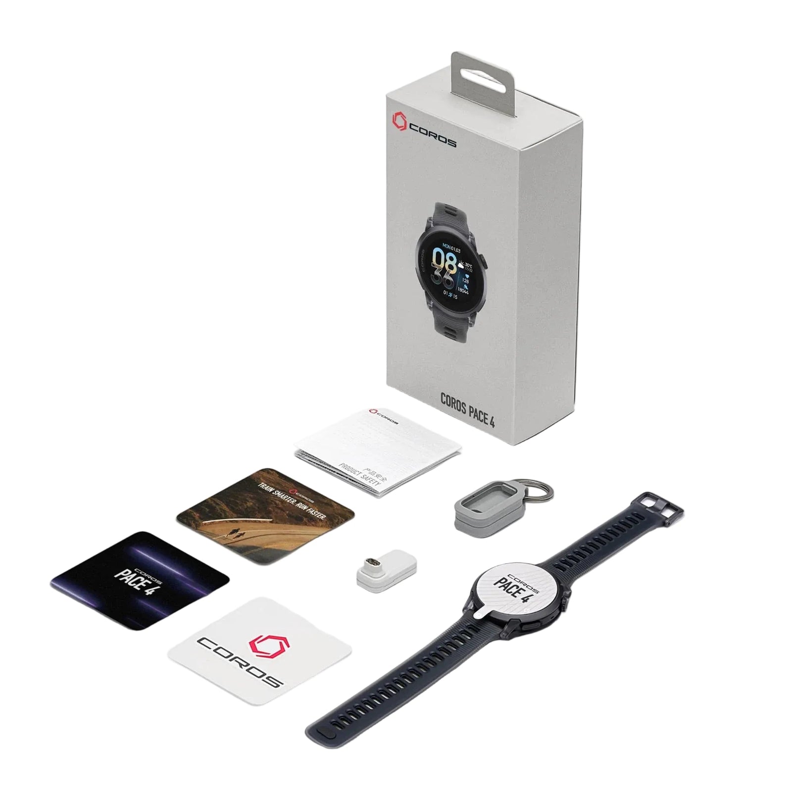 Coros smartwatch with packaging and accessories on a white background