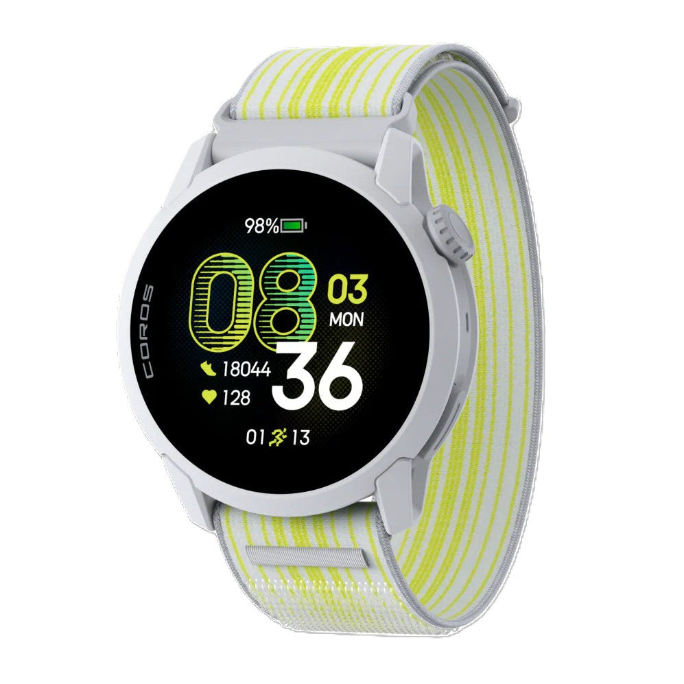 Smartwatch with a yellow and white strap on a white background