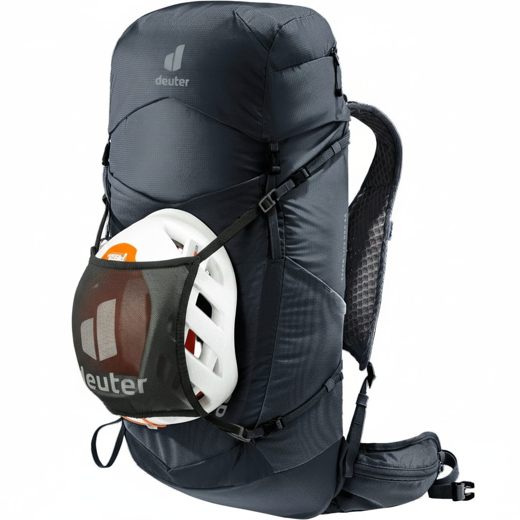 Deuter backpack with a helmet inside on a white background