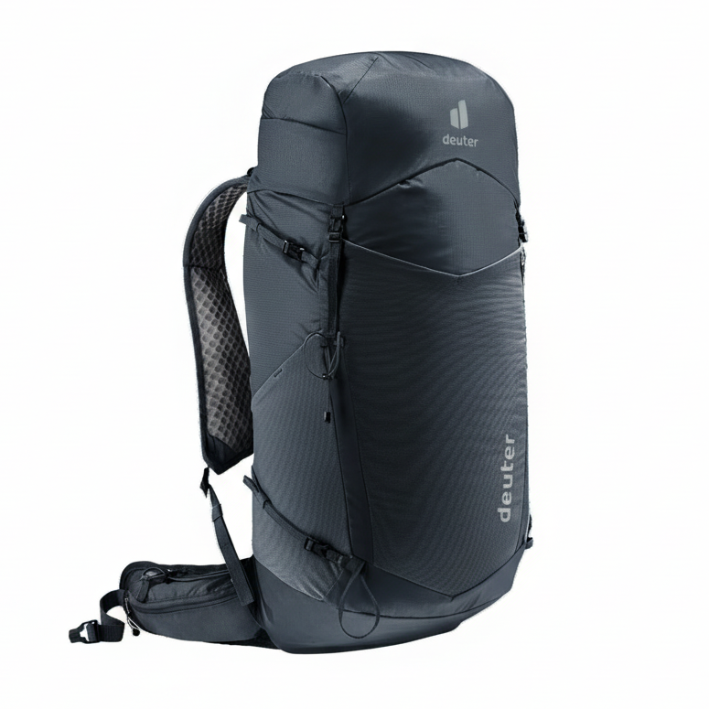 Black hiking backpack with Deuter branding on a white background