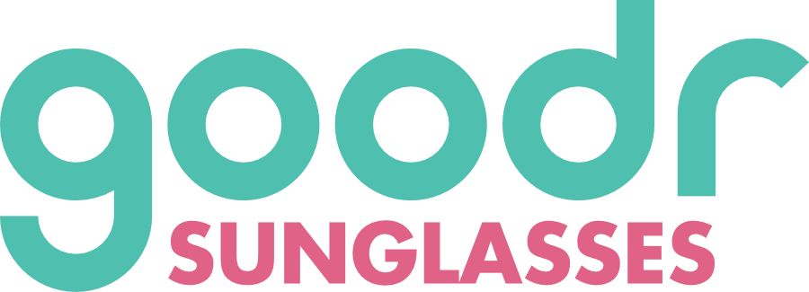 goodr sunglasses logo with teal and pink text on a white background