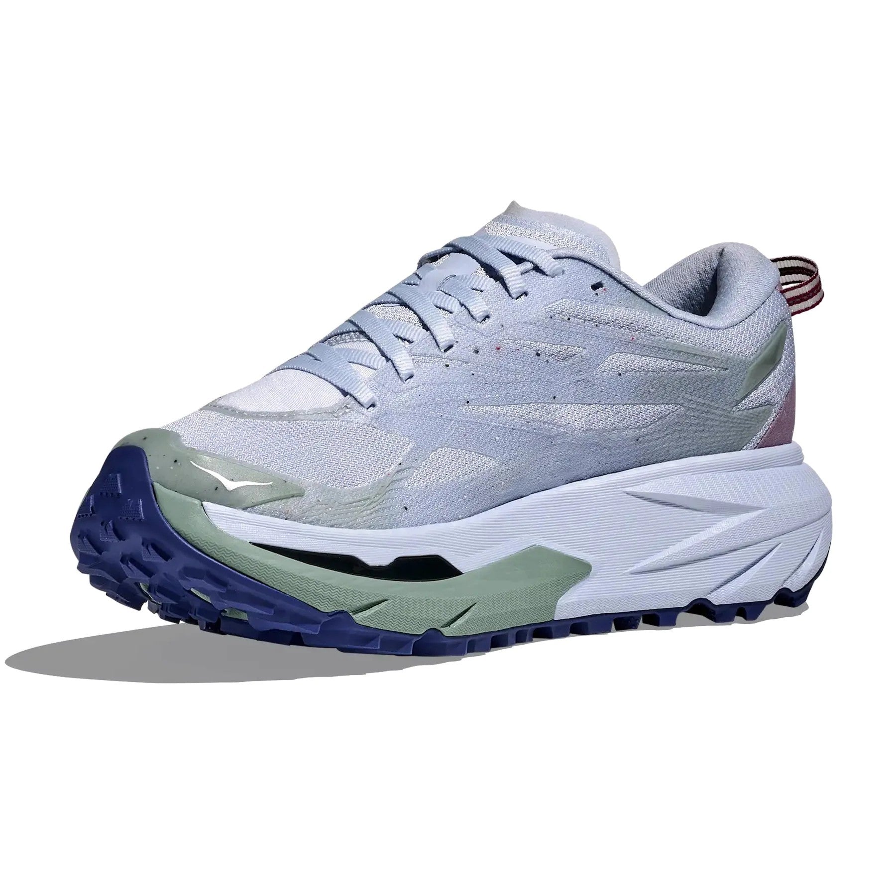 Light blue running shoe with a white sole on a white background