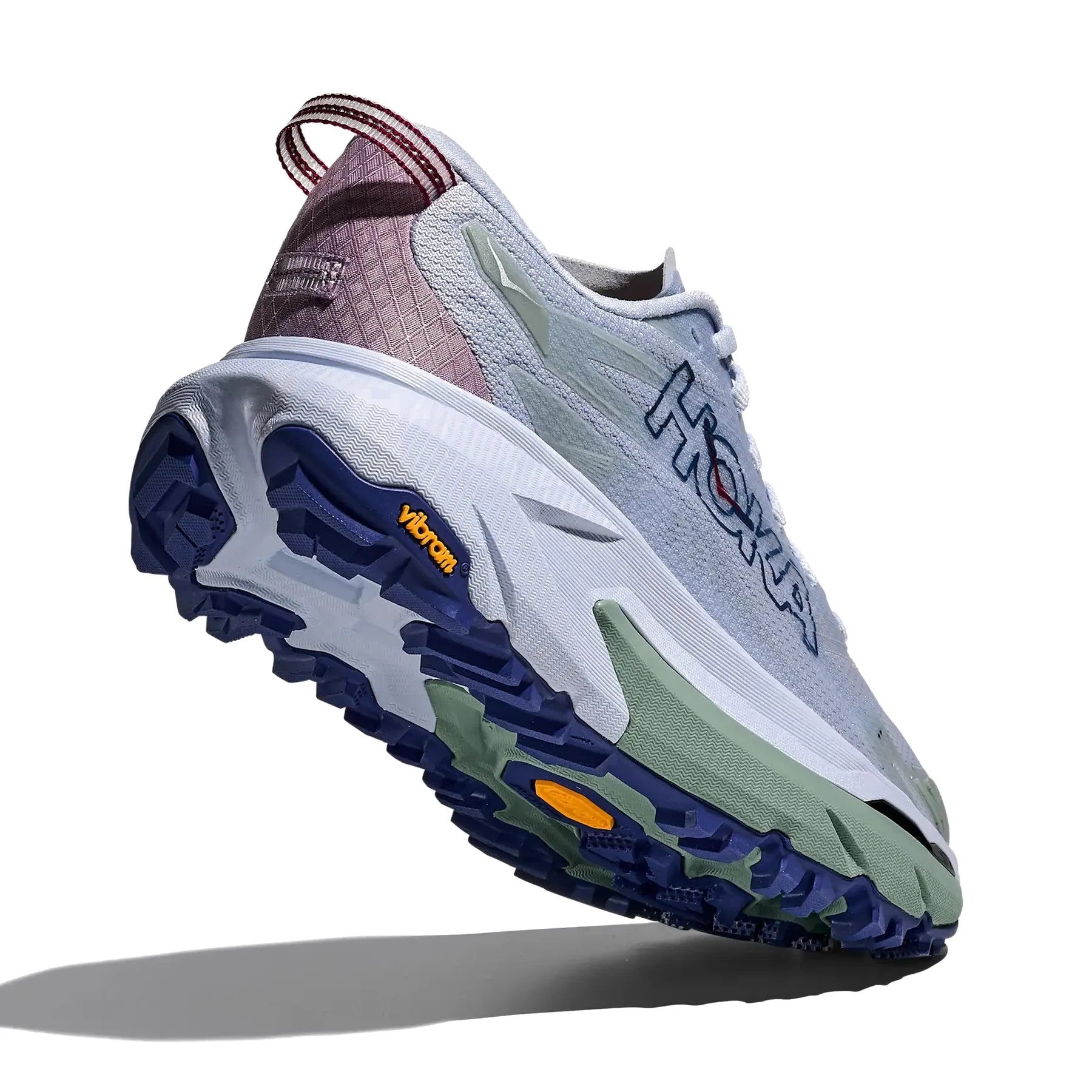 Hoka running shoe with a white and blue sole on a white background
