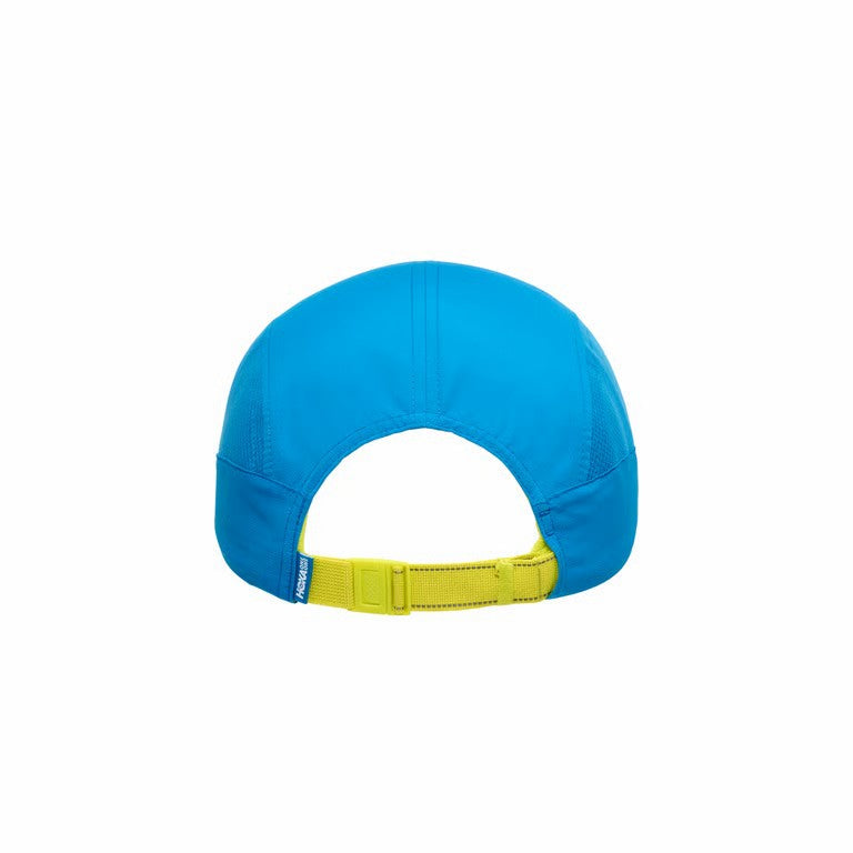 Blue cap with a yellow strap on a white background