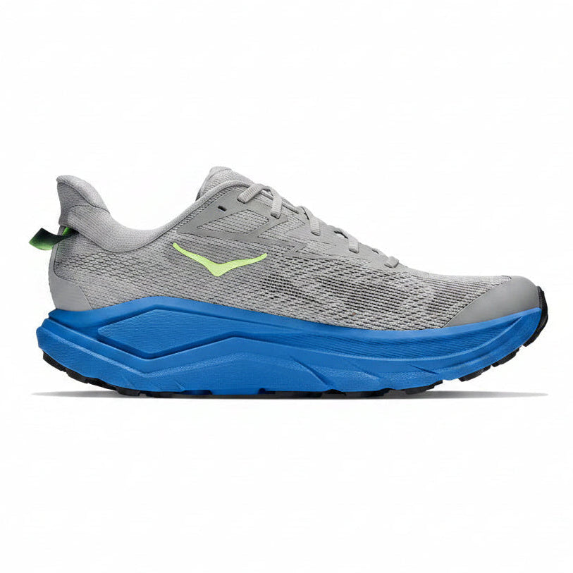 A Hoka running shoe in light gray and blue, featuring a bright neon green logo on the side and a black outsole, shown against a plain light gray background.