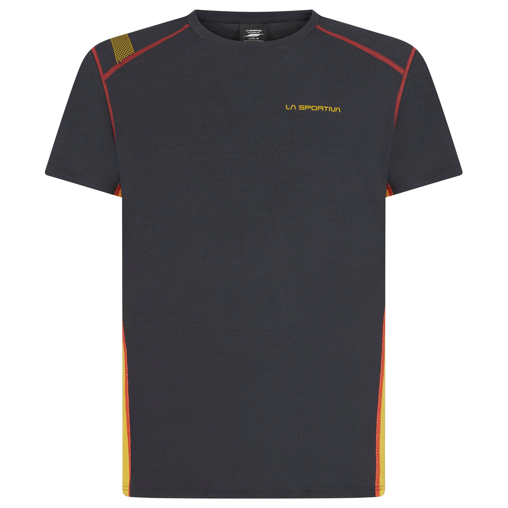 A dark gray short-sleeve athletic t-shirt with yellow and red accents, featuring the 'LA SPORTIVA' logo on the left chest, displayed on a clean white background.