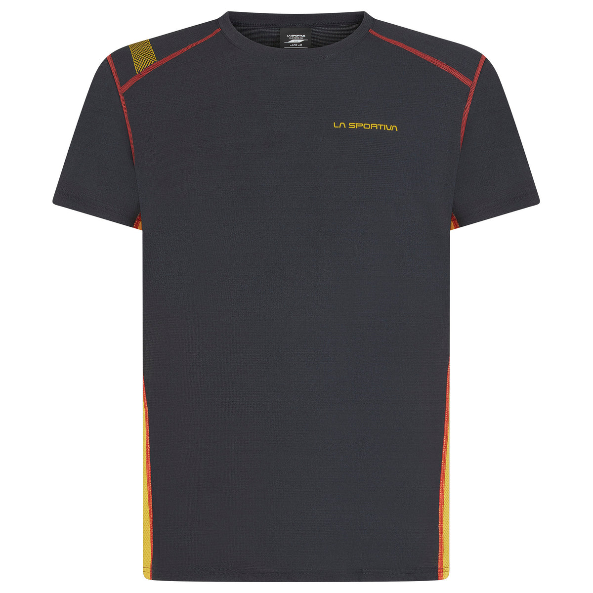 A dark gray short-sleeve athletic t-shirt with yellow and red accents, featuring the 'LA SPORTIVA' logo on the left chest, displayed on a clean white background.