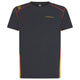 A dark gray short-sleeve athletic t-shirt with yellow and red accents, featuring the 'LA SPORTIVA' logo on the left chest, displayed on a clean white background.