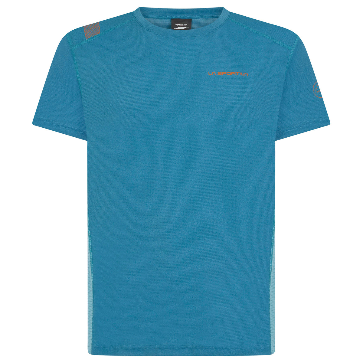 A blue short-sleeve athletic t-shirt with a crew neck, featuring a small orange 'La Montagne' logo on the left chest and gray reflective shoulder patches, shown on a plain white background.