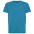 A blue short-sleeve athletic t-shirt with a crew neck, featuring a small orange 'La Montagne' logo on the left chest and gray reflective shoulder patches, shown on a plain white background.