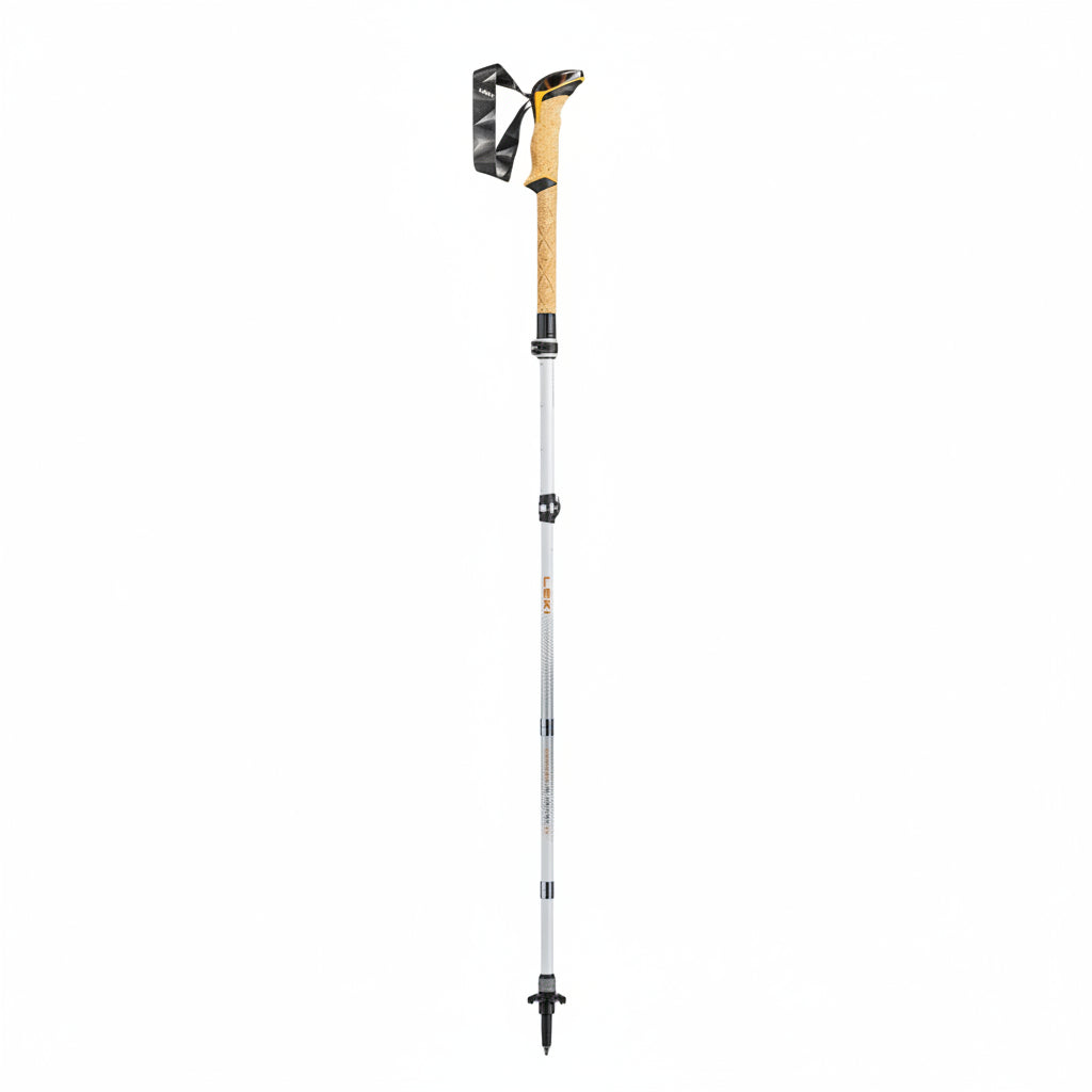 White hiking pole with black accents on a white background