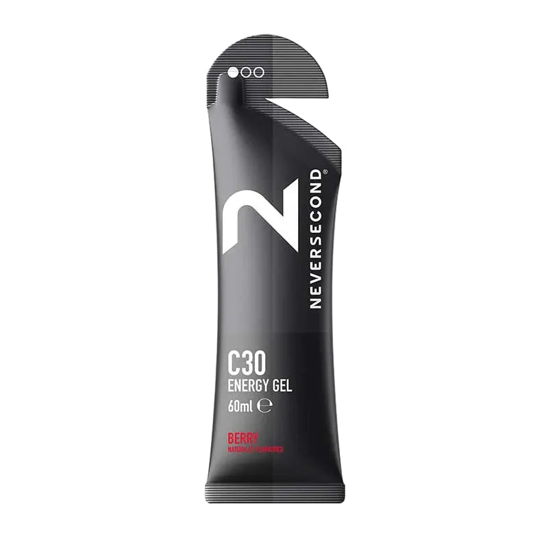Black energy gel container with 'Neversecond' branding on a light gray background