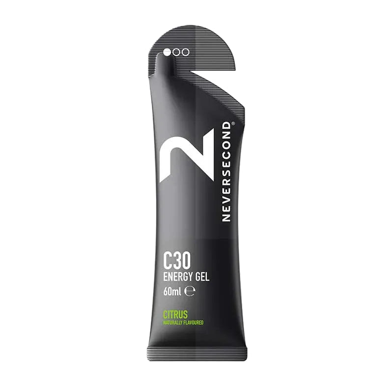 Black energy gel packaging with 'Neversecond' branding on a white background