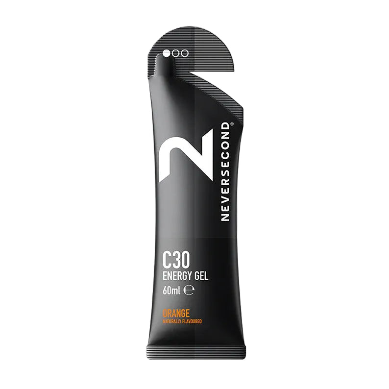 Black energy gel container with 'Neversecond' branding on a white background
