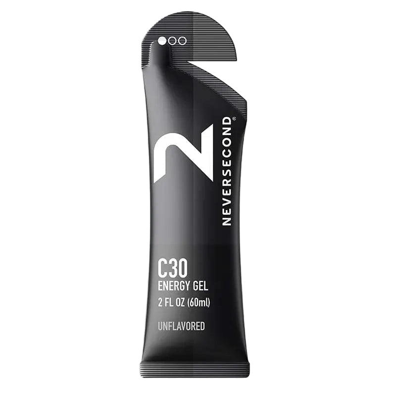 Black energy gel packaging with 'Neversecond' branding on a white background