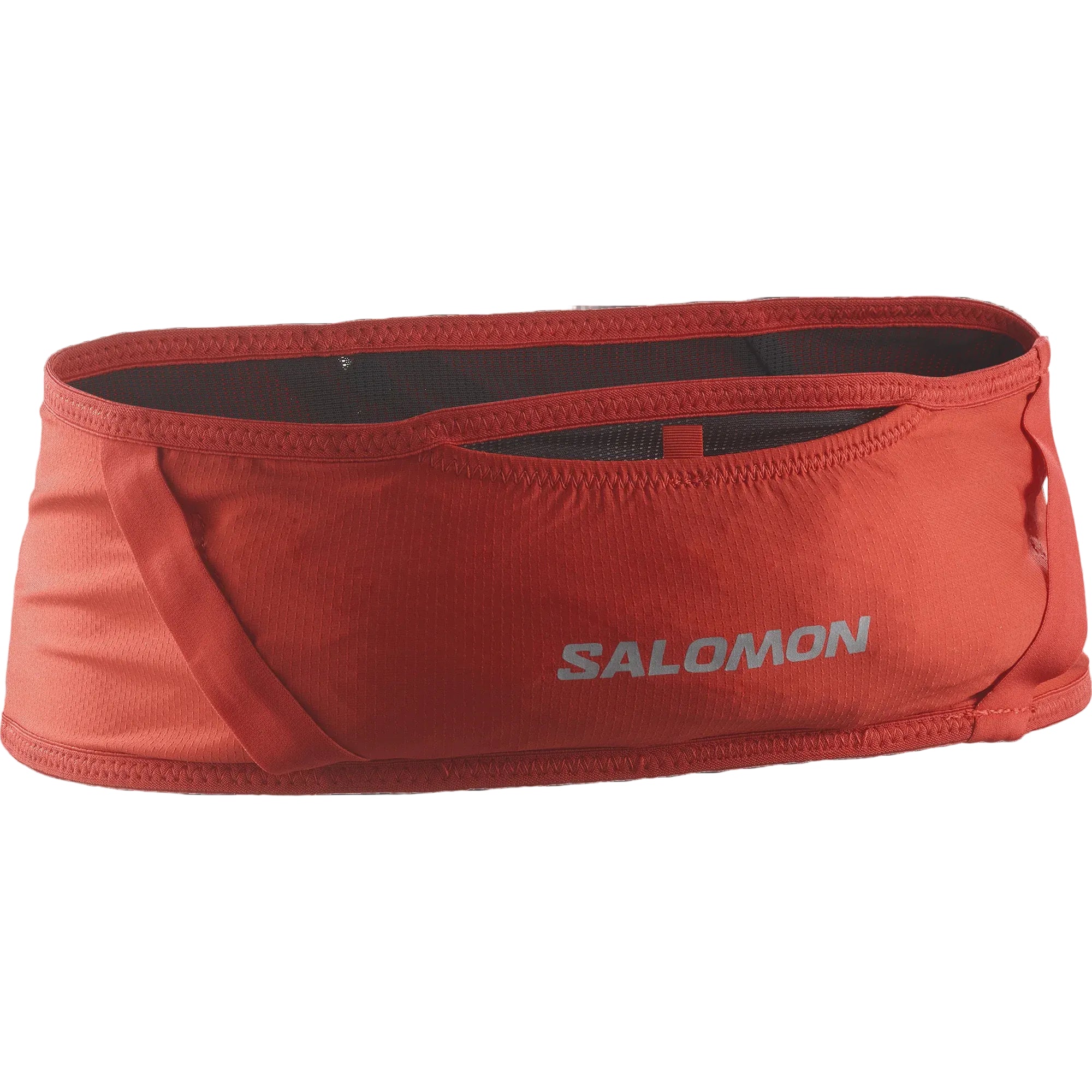 A red Salomon running waist pack with a gray logo on the front, displayed on a clean white background.