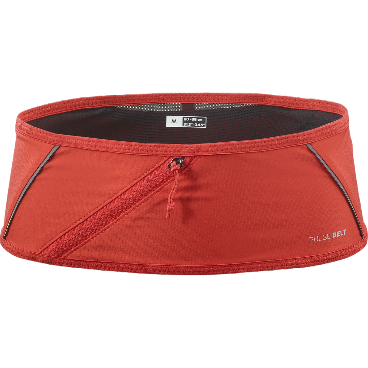 A red athletic pulse belt with a diagonal zippered pocket and a drawstring, shown against a plain white background.