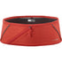 A red athletic pulse belt with a diagonal zippered pocket and a drawstring, shown against a plain white background.