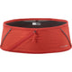 A red athletic pulse belt with a diagonal zippered pocket and a drawstring, shown against a plain white background.